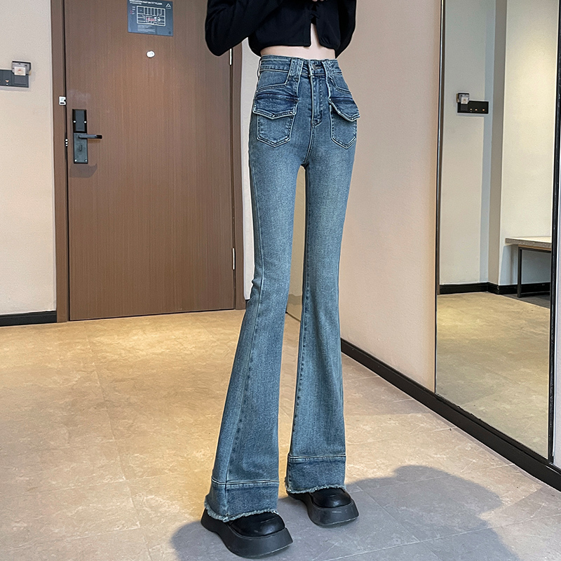 Pocket retro jeans micro speaker high waist pants