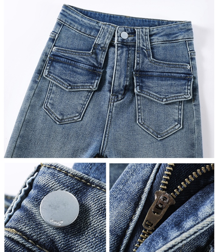 Pocket retro jeans micro speaker high waist pants