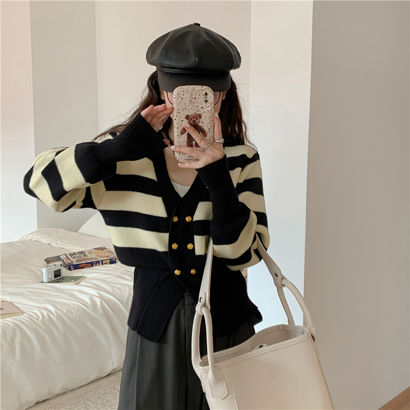 V-neck split tops stripe cardigan for women