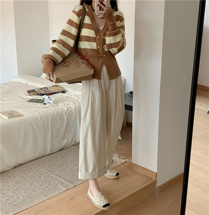 V-neck split tops stripe cardigan for women