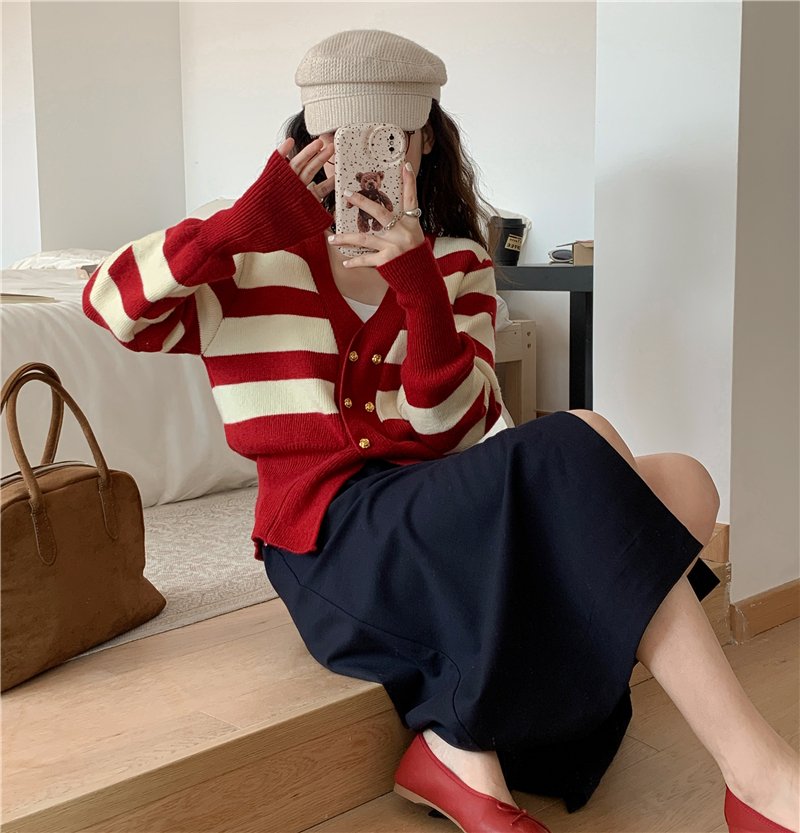 V-neck split tops stripe cardigan for women