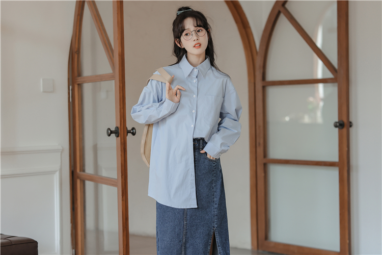 Long sleeve autumn Korean style large pockets shirt