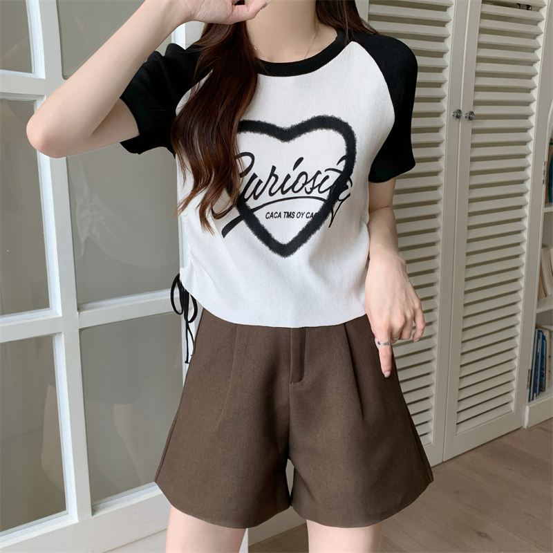 Splice knitted T-shirt drawstring printing tops for women