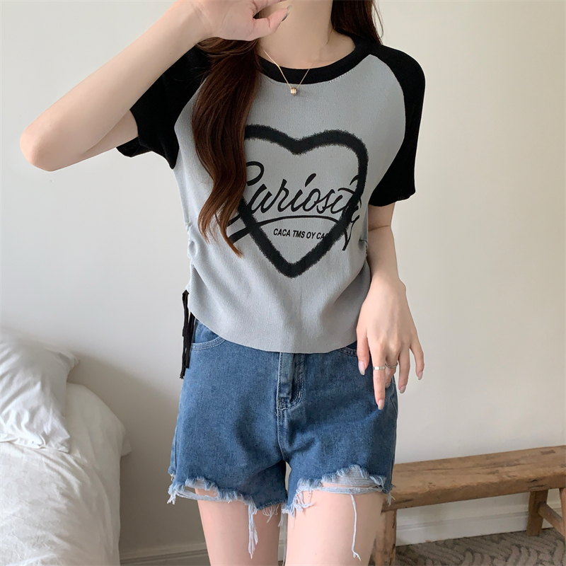 Splice knitted T-shirt drawstring printing tops for women