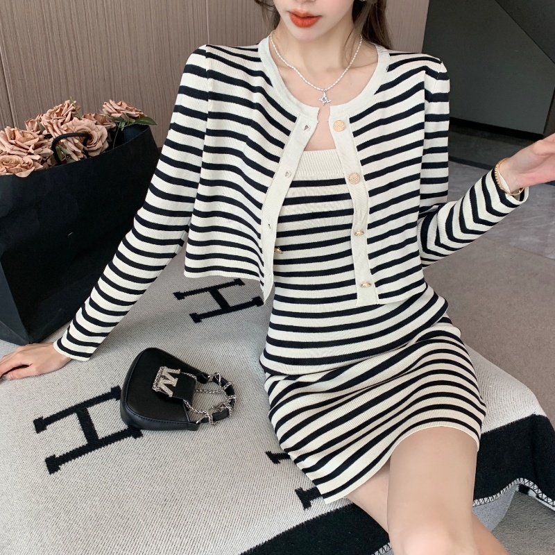 Knitted mixed colors cardigan sling stripe dress 2pcs set