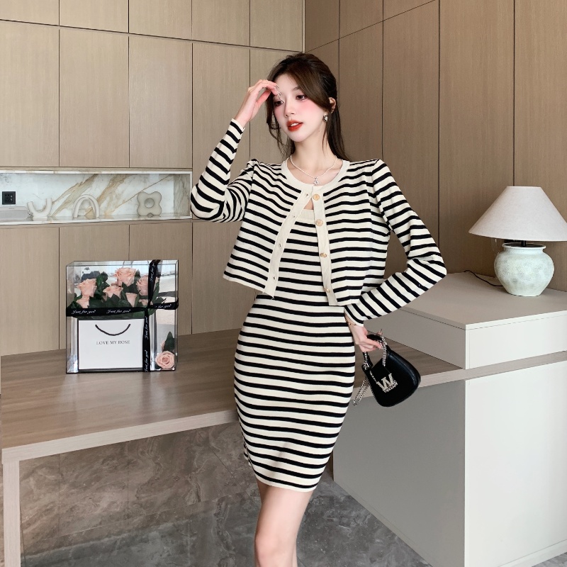 Knitted mixed colors cardigan sling stripe dress 2pcs set