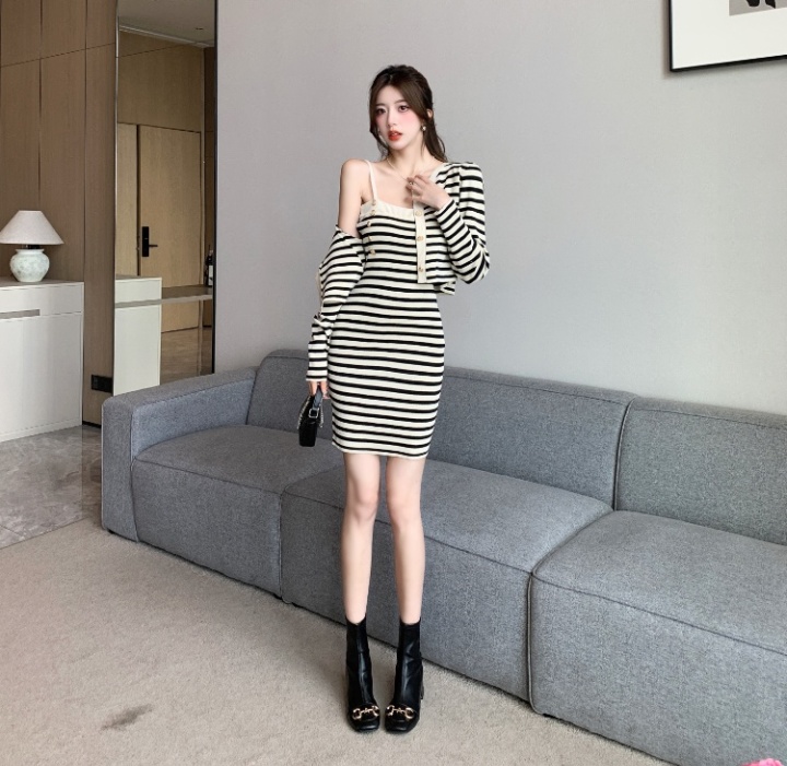 Knitted mixed colors cardigan sling stripe dress 2pcs set