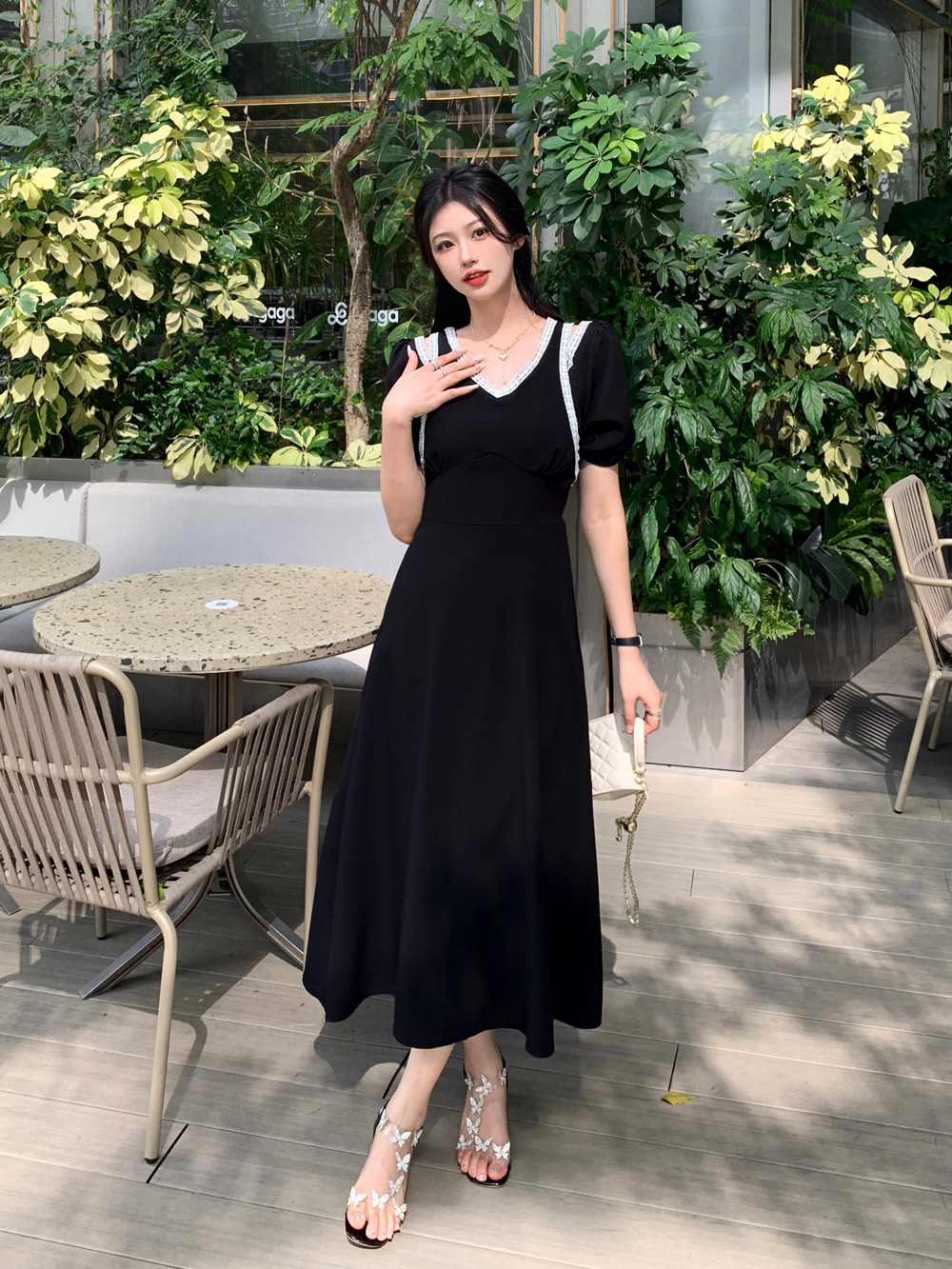 Slim black large yard dress for women