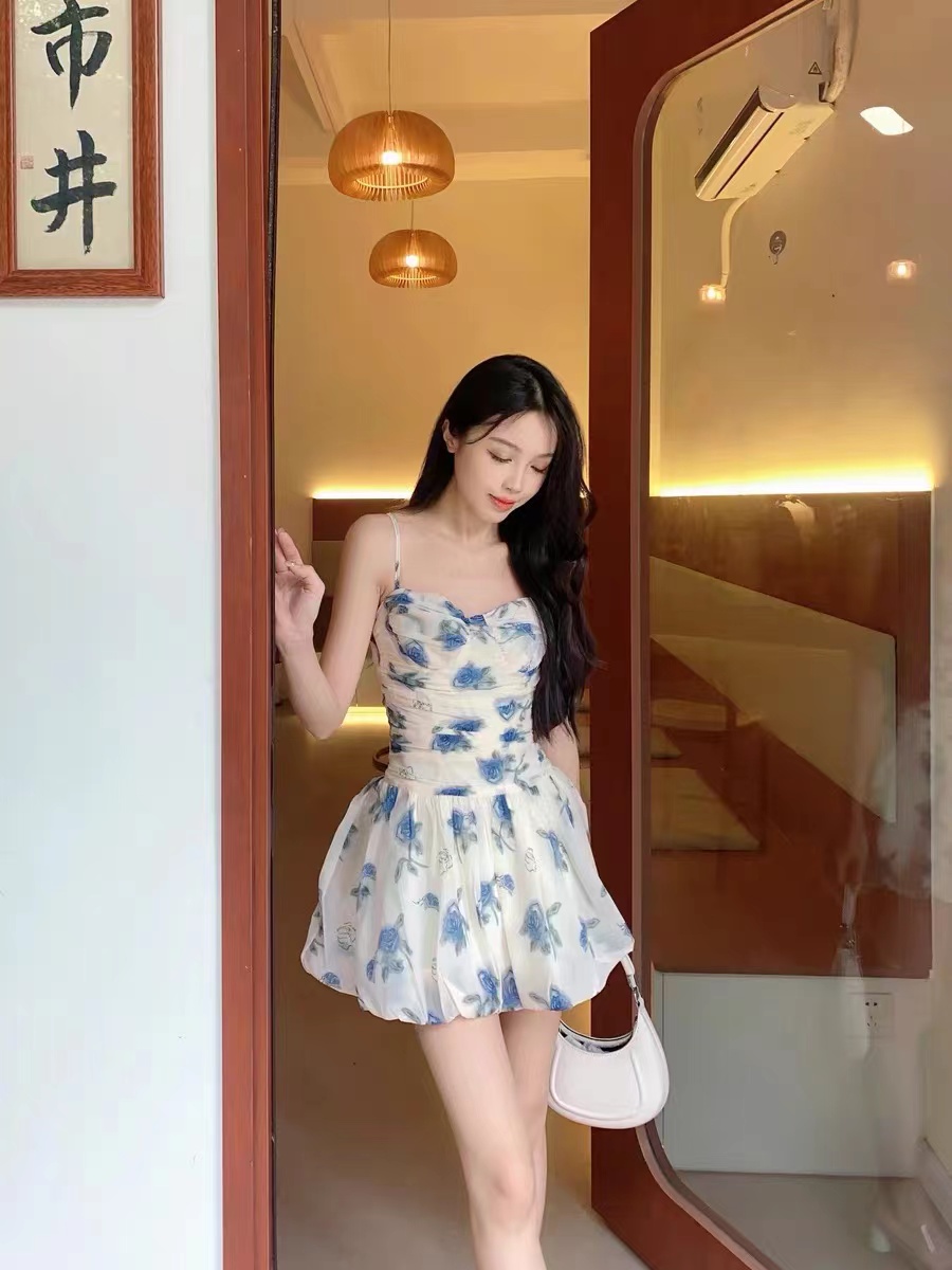 Barbie floral T-back summer puff sleeve dress for women