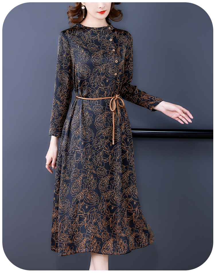 Printing summer long retro autumn silk dress for women