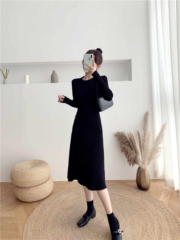 Bottoming drawstring dress knitted sweater dress for women