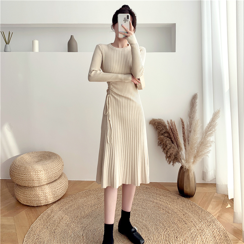Bottoming drawstring dress knitted sweater dress for women