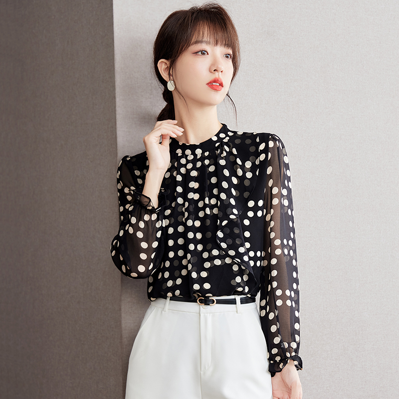 Korean style round neck tops splice chiffon shirt