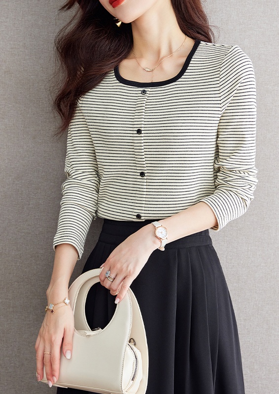Autumn mixed colors knitted stripe elasticity T-shirt