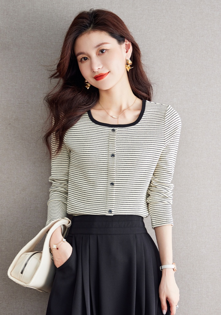 Autumn mixed colors knitted stripe elasticity T-shirt