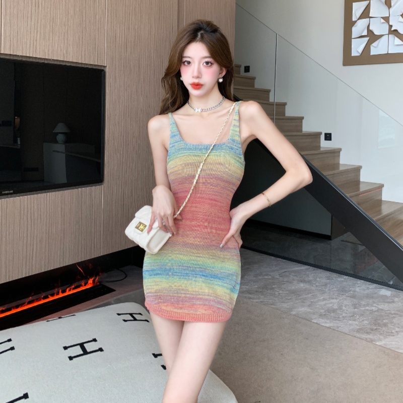 Package hip sleeveless square collar tight dress