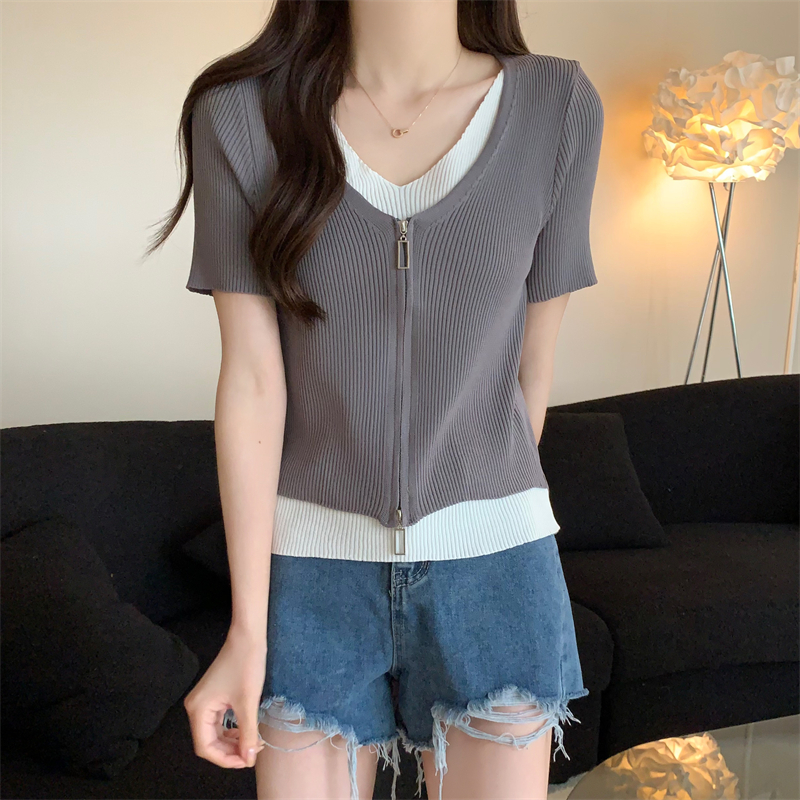 Zip Pseudo-two V-neck sweater all-match mixed colors tops