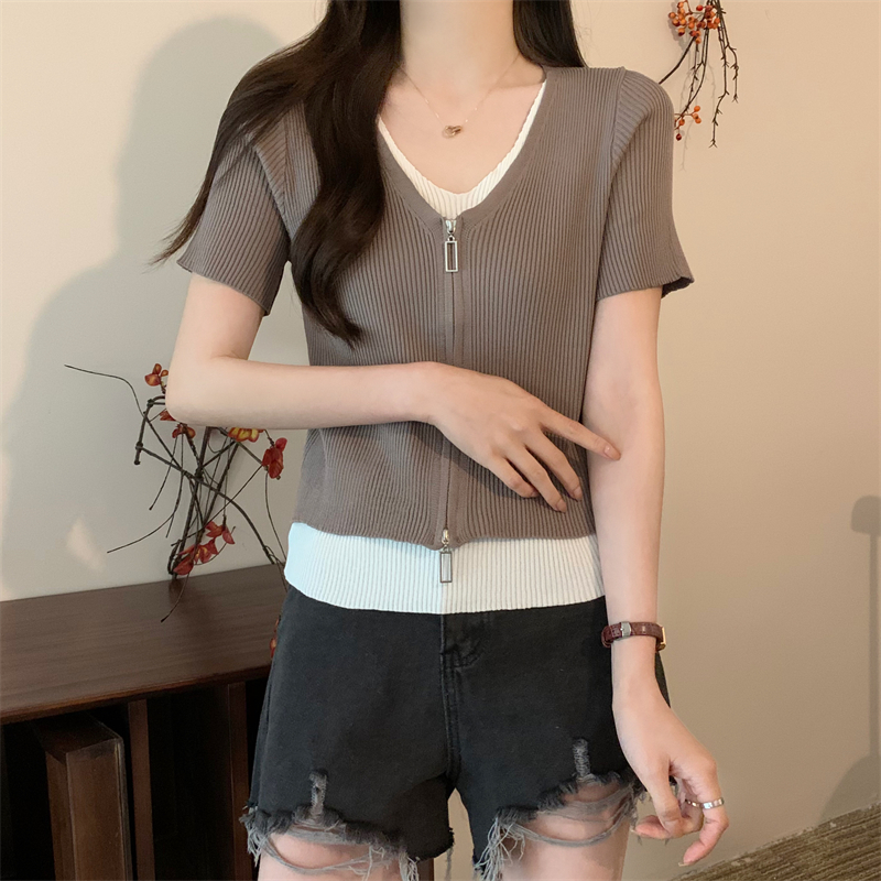 Zip Pseudo-two V-neck sweater all-match mixed colors tops