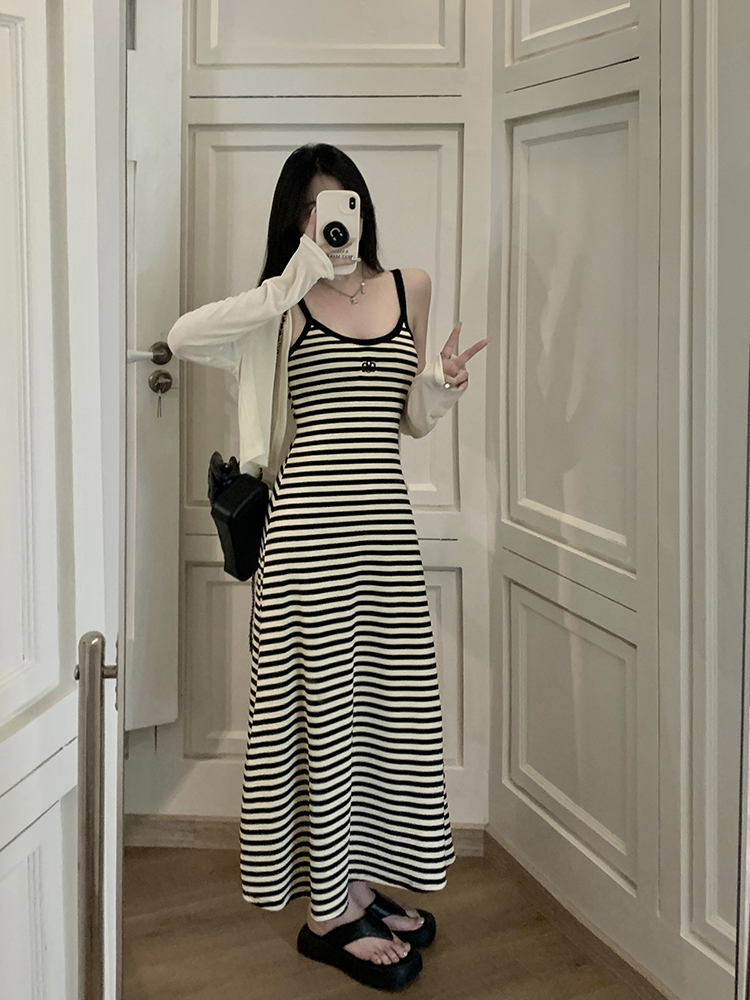 Package hip stripe long dress sling dress for women