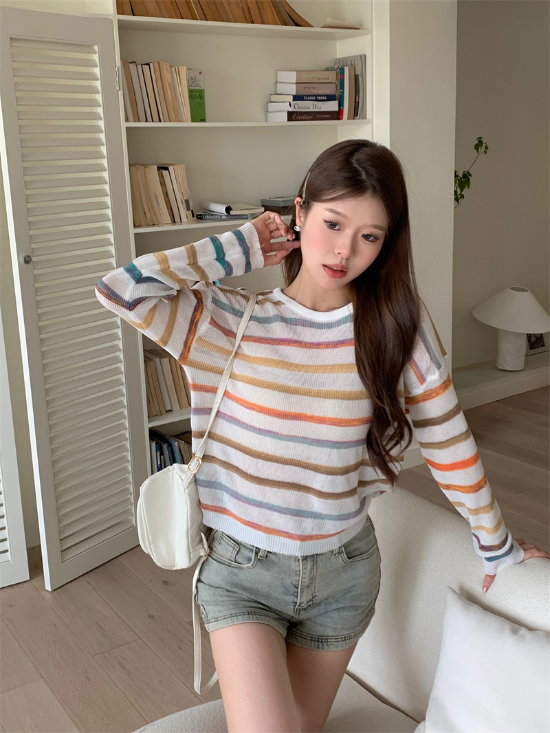 Mixed colors loose smock all-match stripe T-shirt