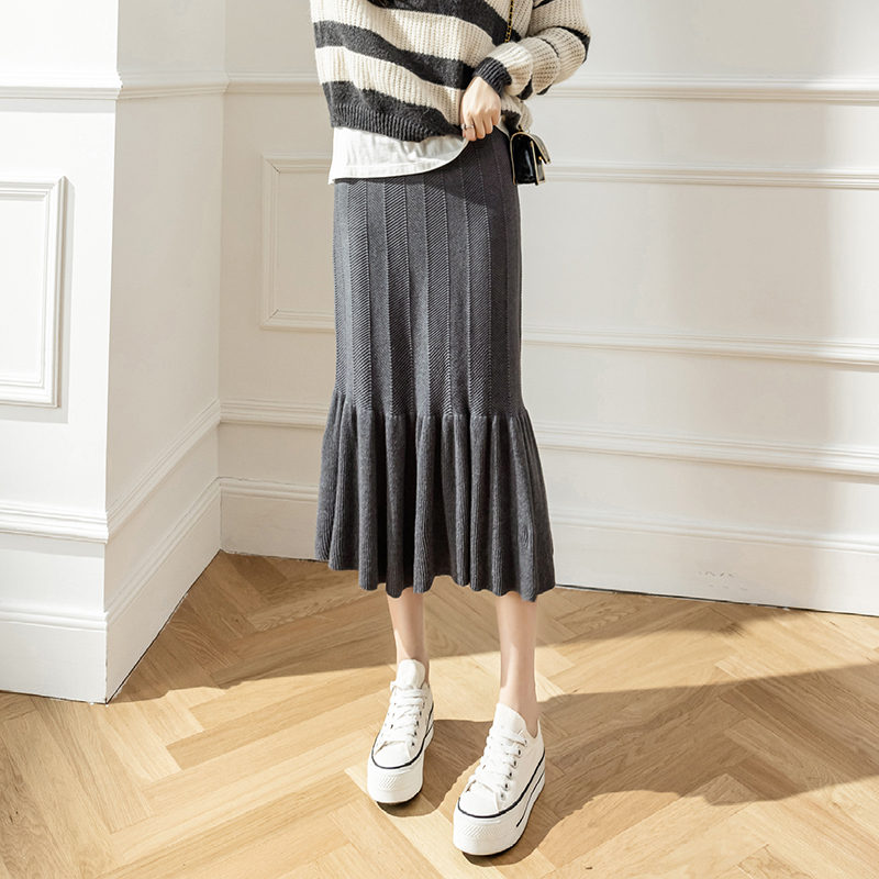 High waist package hip pure skirt slim knitted long skirt