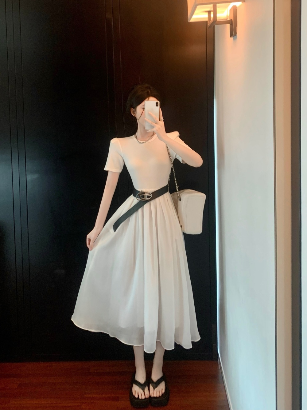 Short sleeve gauze dress grace simple belt