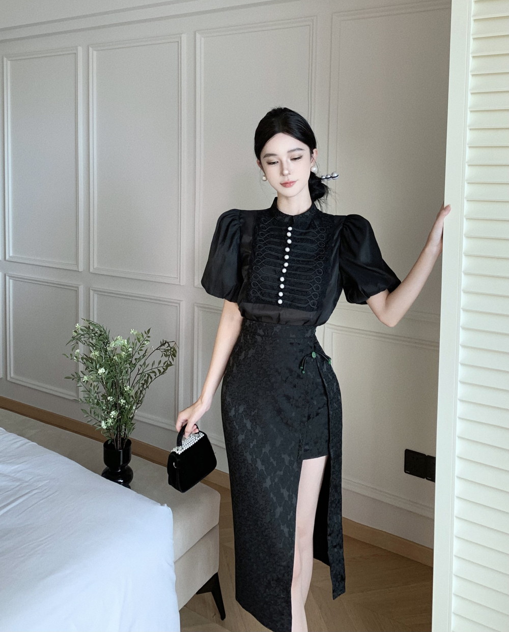 Chinese style pearl shirt split skirt a set for women