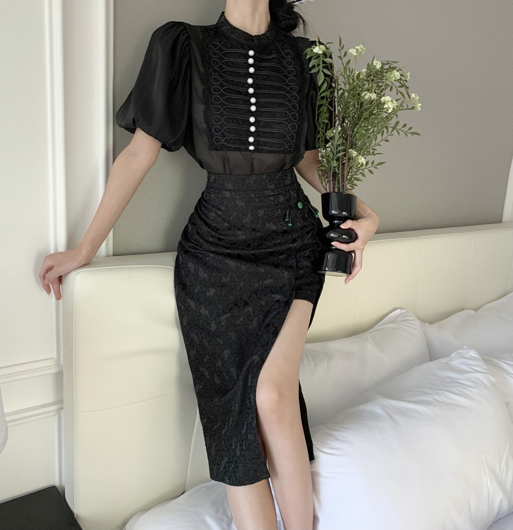 Chinese style pearl shirt split skirt a set for women