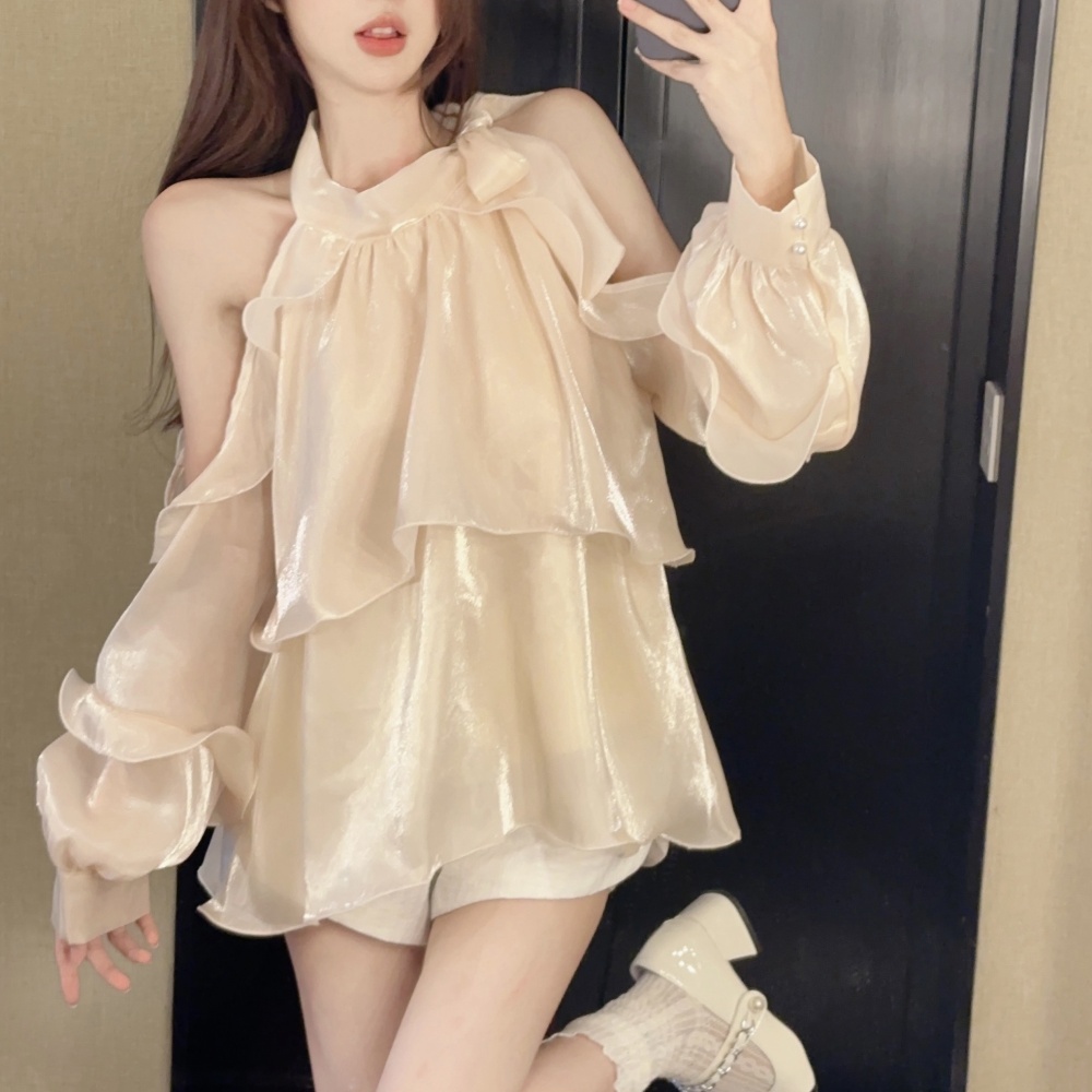 Wood ear strapless tops bow puff sleeve shirt for women