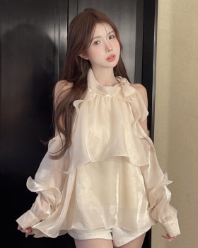 Wood ear strapless tops bow puff sleeve shirt for women