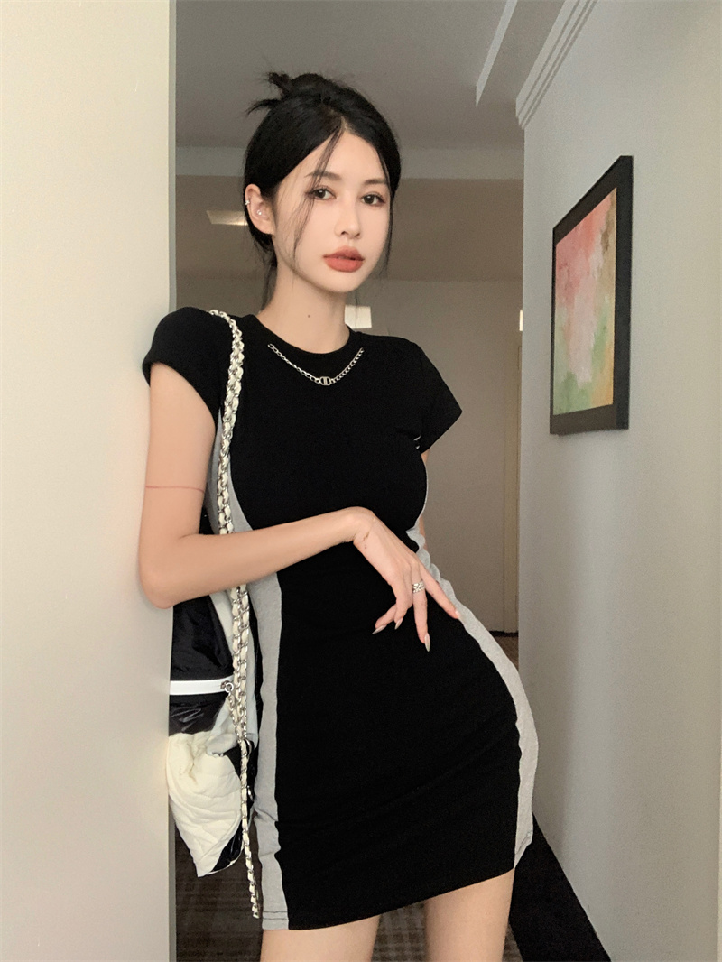 Pinched waist niche slim mixed colors summer chain sexy dress