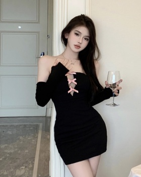 Bow slim spicegirl black wrapped chest dress