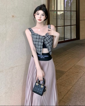 Pleated retro culottes sling vest a set for women