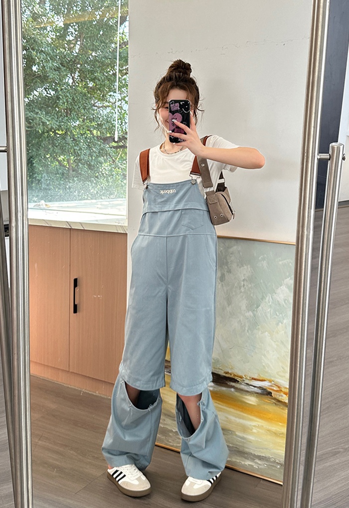 Casual mopping pants blue short bib pants for women