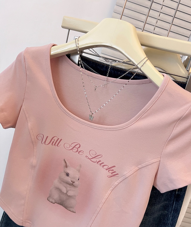 U-neck rabbit T-shirt summer tops for women
