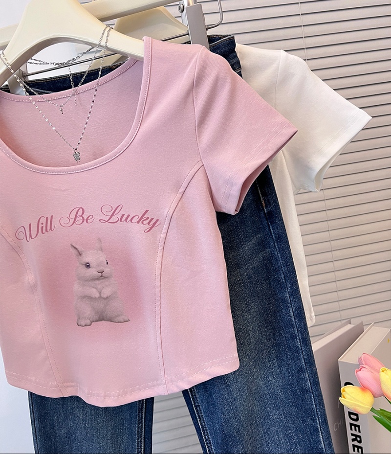 U-neck rabbit T-shirt summer tops for women