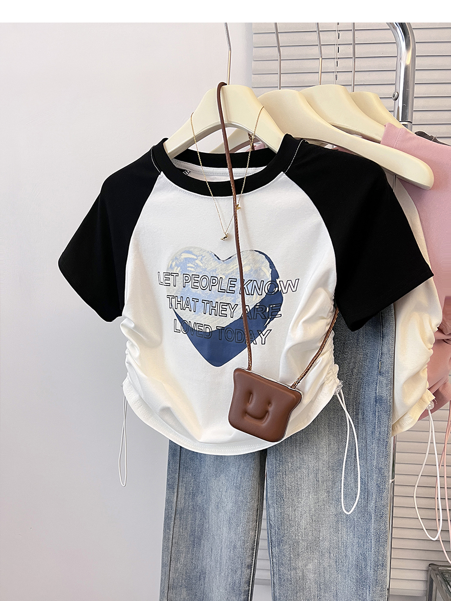 Printing drawstring tops high waist T-shirt for women
