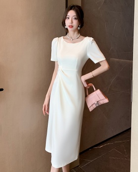 Summer round neck Cover belly fold pinched waist dress