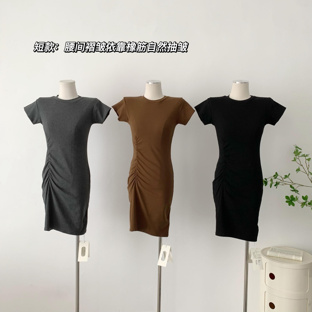 Long slim fold T-shirt short sleeve elasticity dress