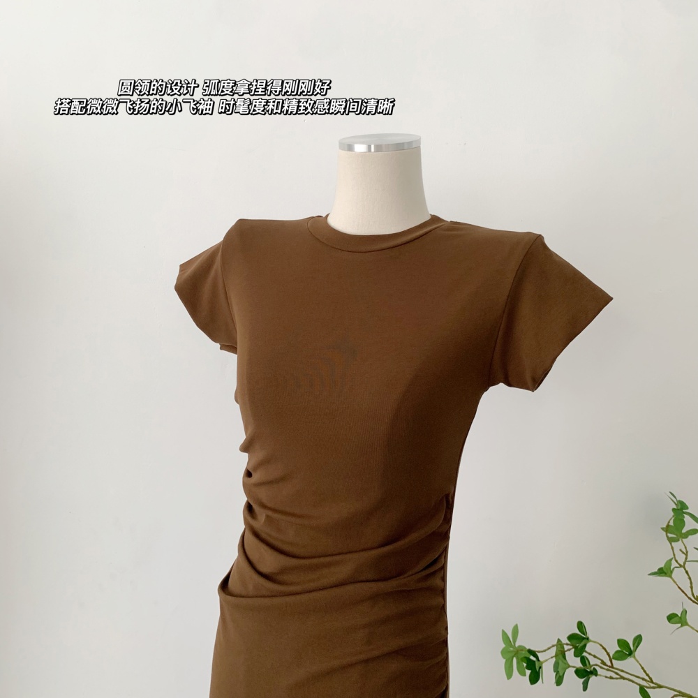Long slim fold T-shirt short sleeve elasticity dress
