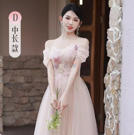 Long temperament pink summer bridesmaid dress