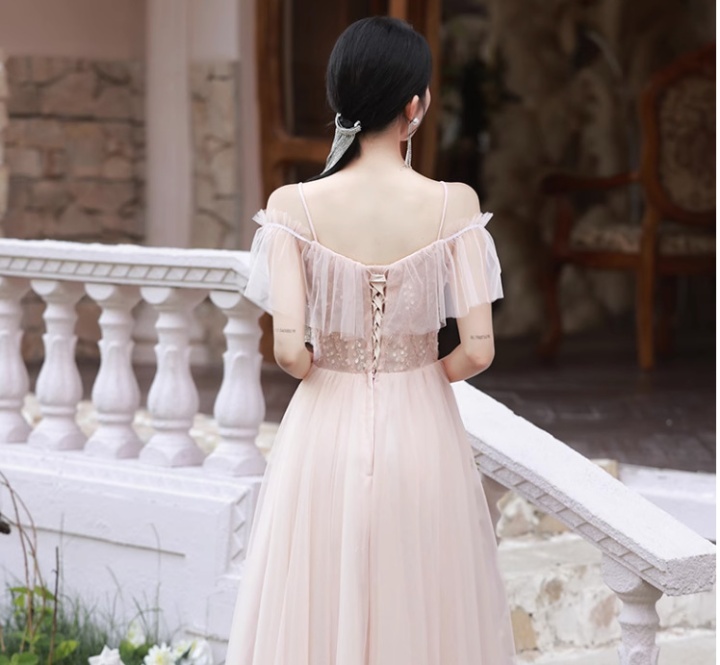 Long temperament pink summer bridesmaid dress