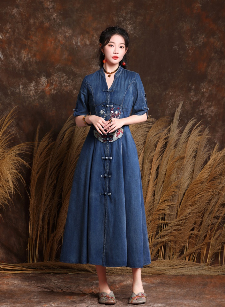 Autumn denim dress short sleeve embroidery long dress