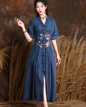 Autumn denim dress short sleeve embroidery long dress
