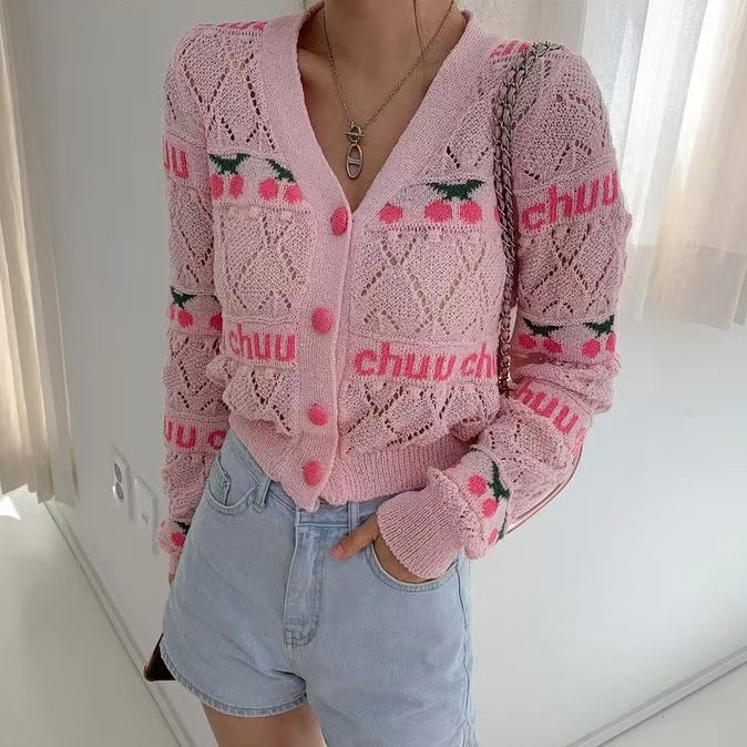 Hollow sweet long sleeve cherry V-neck knitted cardigan