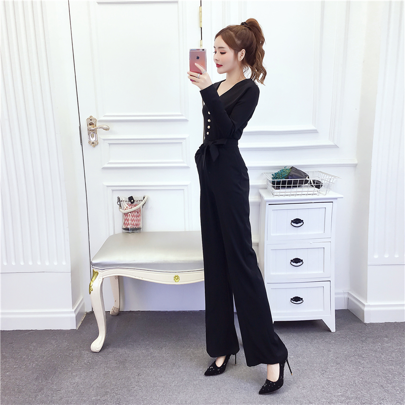 Bow temperament long pants single-breasted jumpsuit