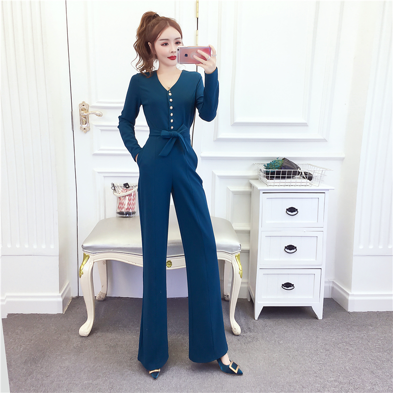 Bow temperament long pants single-breasted jumpsuit