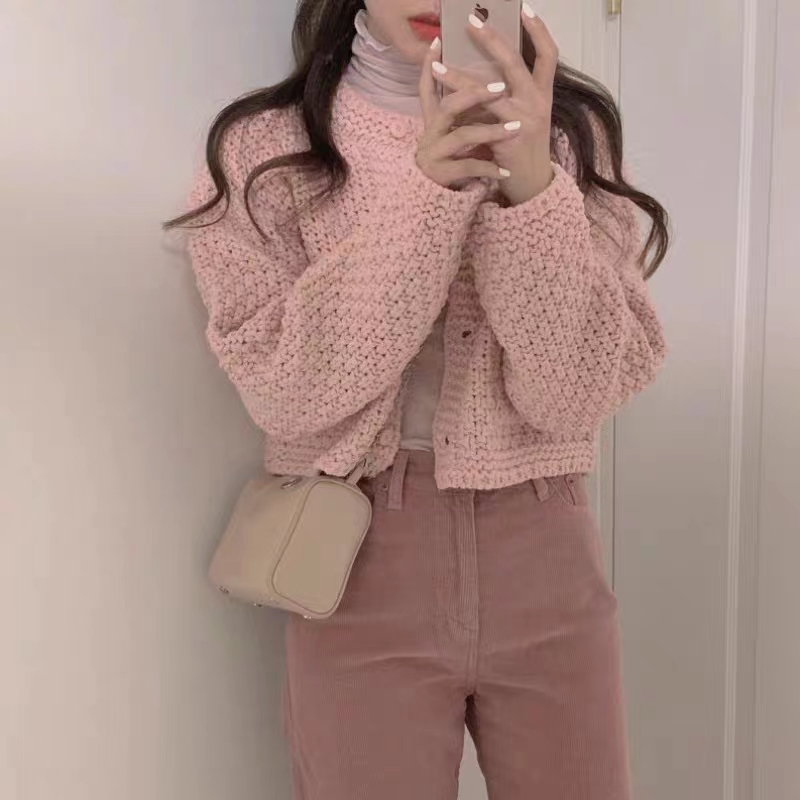 Long sleeve pink coat knitted cardigan for women