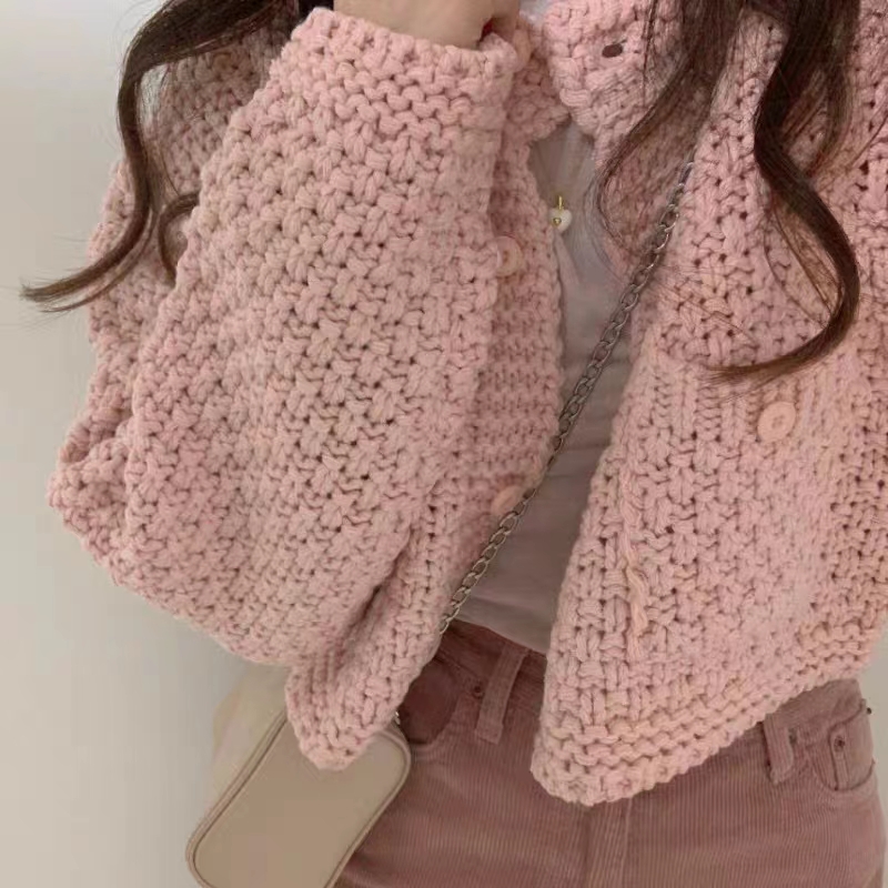 Long sleeve pink coat knitted cardigan for women