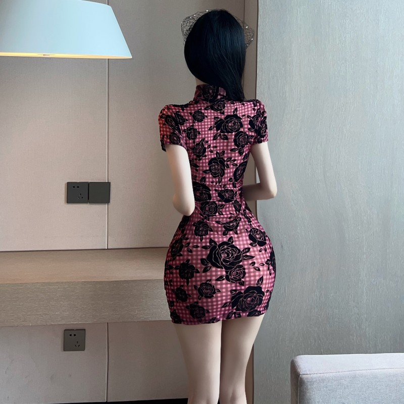 Tight package hip perspective dress sexy short sleeve cheongsam